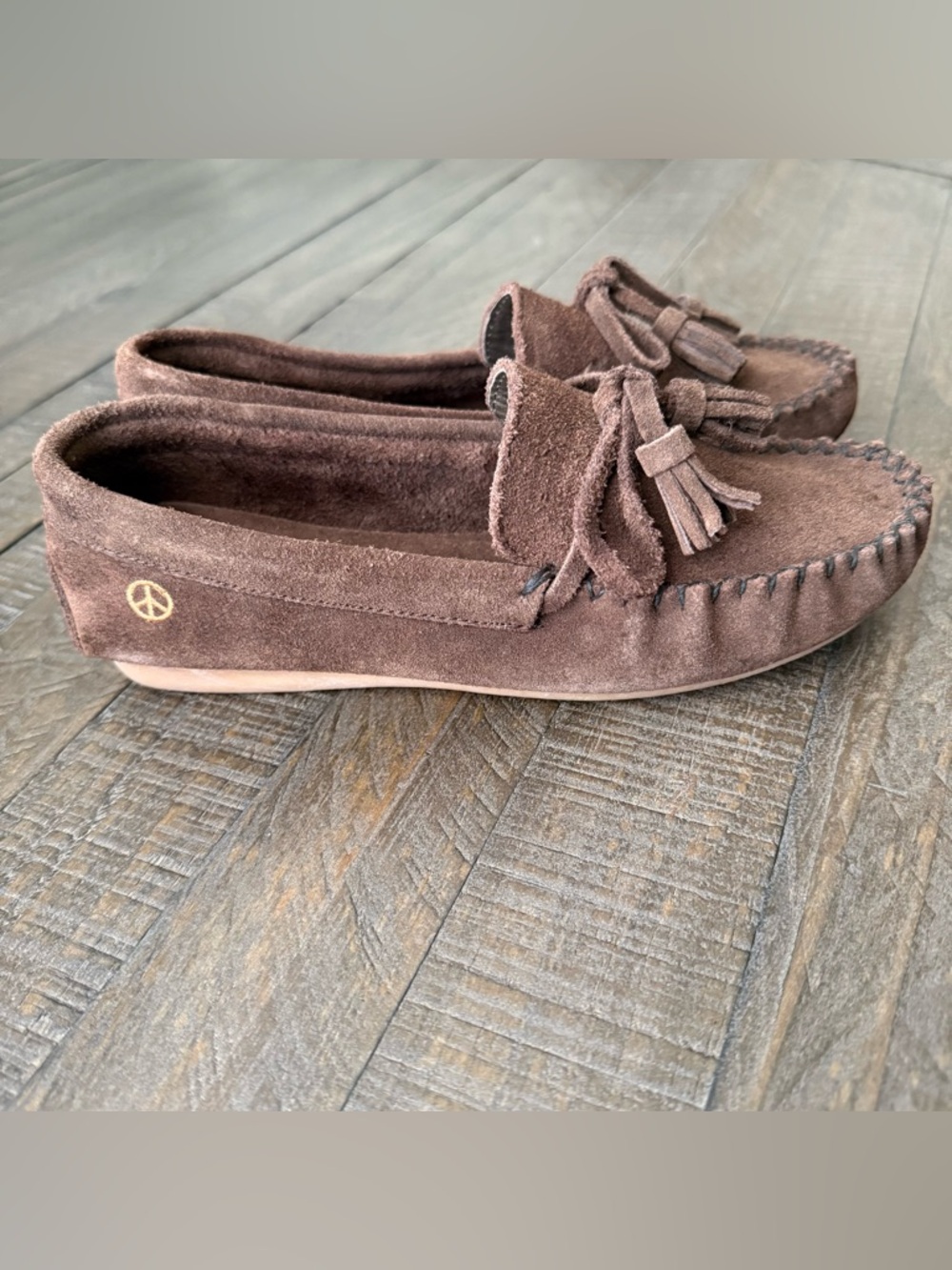 Women's Brown Suede Tassel Moccasins with Peace Logo